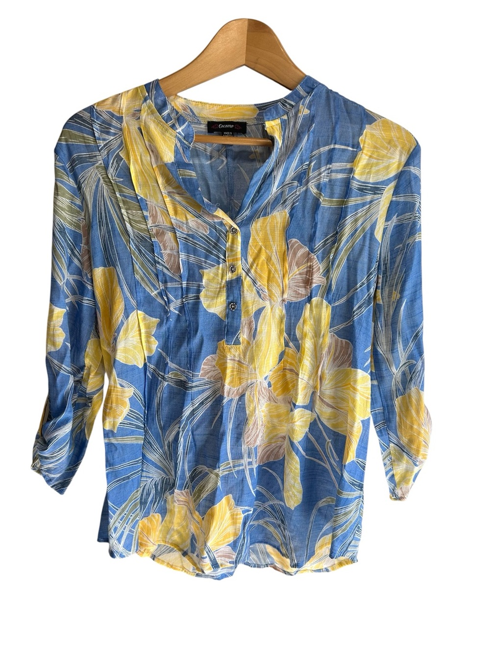 Cocomo Blue Floral Hawaiian Henley Blouse